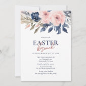 Elegante Navy Blue Blush Roze Bloemrijke Paasbrunc Kaart (Voorkant)