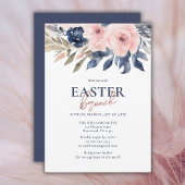 Elegante Navy Blue Blush Roze Bloemrijke Paasbrunc Kaart