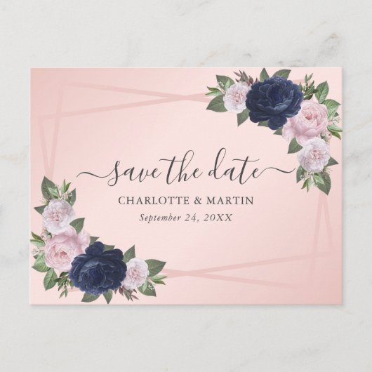 Elegante Navy Blue Blush Roze Huwelijk Save The Da Aankondigingskaart (Voorkant)