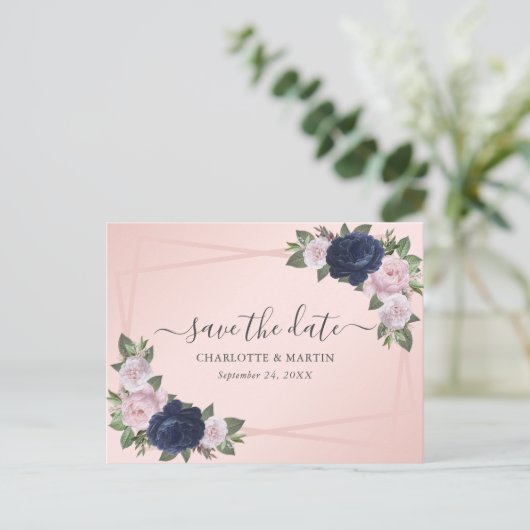 Elegante Navy Blue Blush Roze Huwelijk Save The Da Aankondigingskaart (Staand voorkant)
