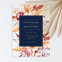 Elegante Navy Blue Boho Chic Bloemen Huwelijk Acryl Uitnodigingen