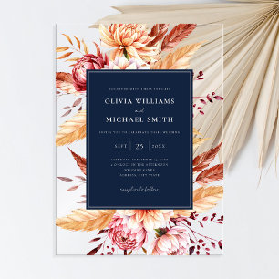 Elegante Navy Blue Boho Chic Bloemen Huwelijk Acryl Uitnodigingen