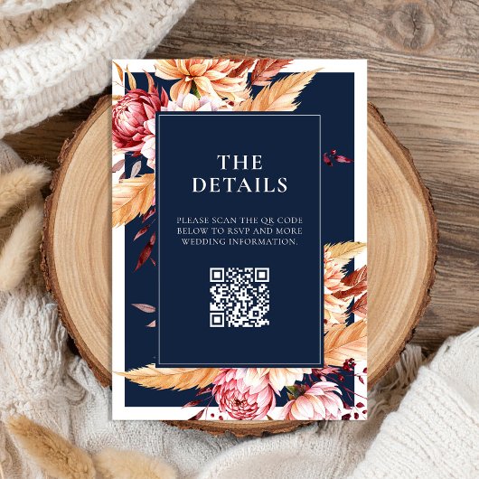 Elegante Navy Blue Boho Chic Bloemen Huwelijk Informatiekaartje
