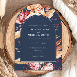 Elegante Navy Blue Boho Chic Bloemen Huwelijk Kaart