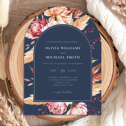 Elegante Navy Blue Boho Chic Bloemen Huwelijk Kaart