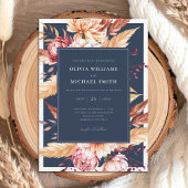 Elegante Navy Blue Boho Chic Bloemen Huwelijk Kaart