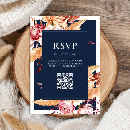 Elegante Navy Blue Boho Chic Bloemen Huwelijk RSVP Kaartje