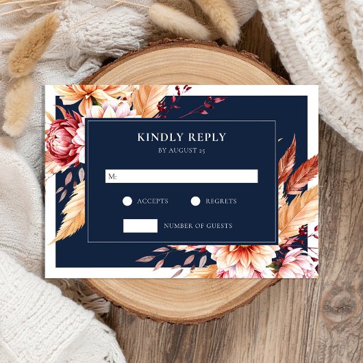 Elegante Navy Blue Boho Chic Bloemen Huwelijk RSVP Kaartje