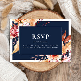 Elegante Navy Blue Boho Chic Bloemen Huwelijk RSVP Kaartje