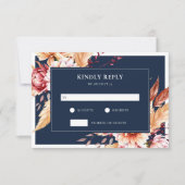 Elegante Navy Blue Boho Chic Bloemen Huwelijk RSVP Kaartje (Voorkant)