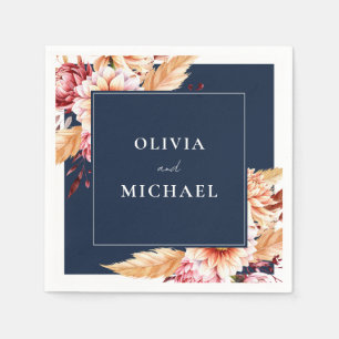 Elegante Navy Blue Boho Chic Bloemen Huwelijk Servet