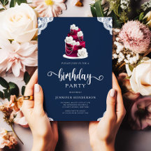 Elegante Navy Blue Bourgondische Bloemen Verjaarda