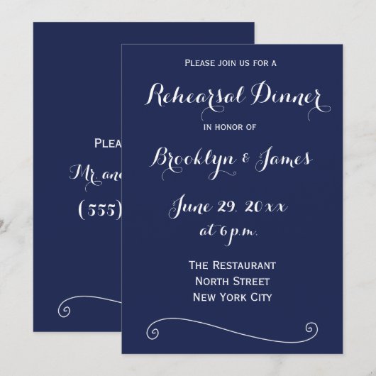 Elegante Navy Blue bruiloft repetitie uitnodiging (Voorkant / Achterkant)