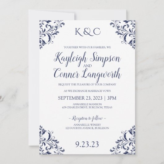 Elegante Navy Blue bruiloft uitnodigingen | (Voorkant)