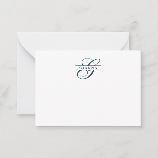 Elegante Navy Blue Calligraphy Split Monogram Notitiekaartje (Voorkant)