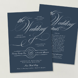Elegante Navy Blue Calligraphy Wedding Details Ter Kaart