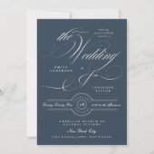 Elegante Navy Blue Calligraphy Wedding Details Ter Kaart (Voorkant)