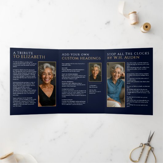 Elegante Navy Blue Celebration of Life Service Drieluik Programma (Binnen)