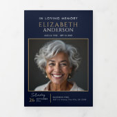 Elegante Navy Blue Celebration of Life Service Drieluik Programma (Cover)