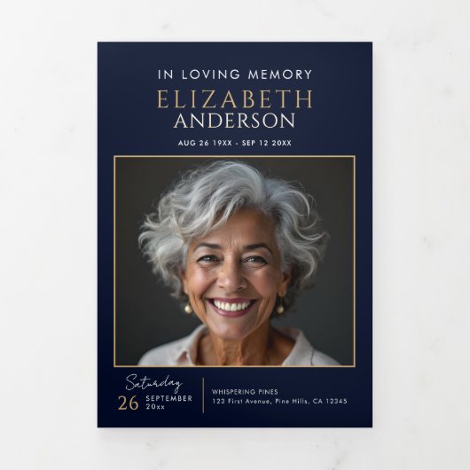 Elegante Navy Blue Celebration of Life Service Drieluik Programma (Cover)