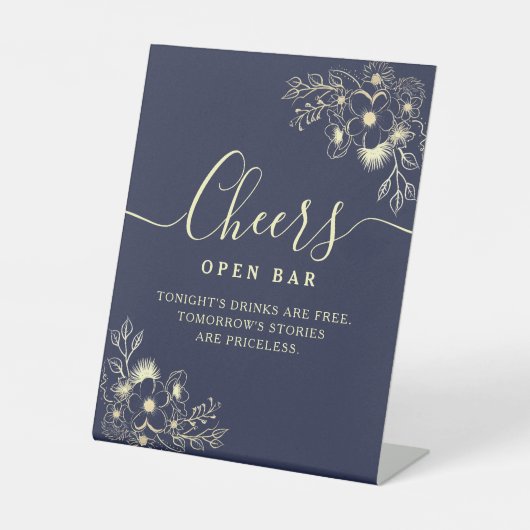 Elegante Navy Blue Cheers Open Bar Sign Reclamebord Met Voetstuk (Voorkant)
