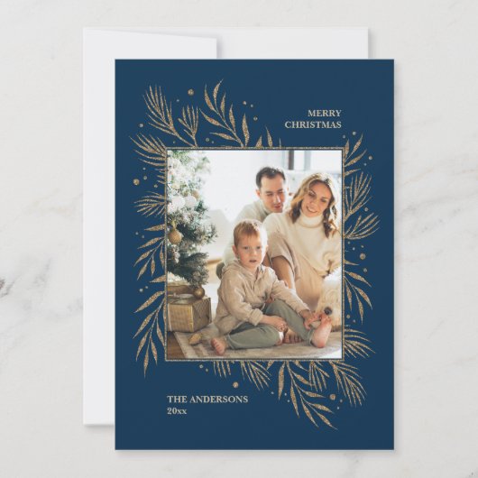Elegante Navy Blue Christmas Custom Fotobericht Feestdagenkaart (Voorkant)