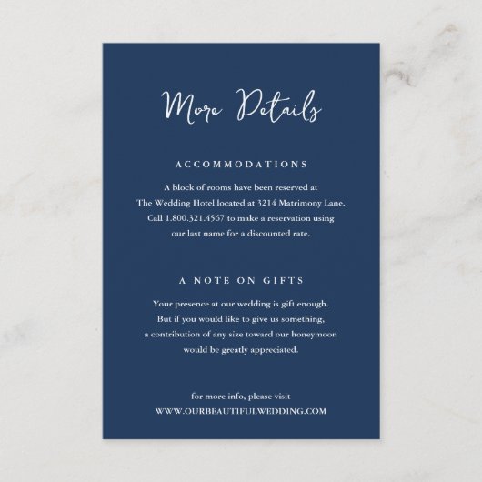 Elegante Navy Blue Clean bruiloft Informatiekaartje (Voorkant)