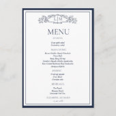 Elegante Navy Blue Crest Botanische Monogram Huwel Menu (Voorkant)