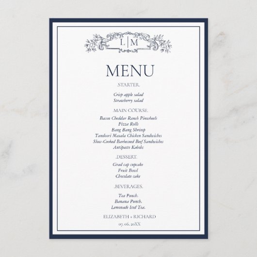 Elegante Navy Blue Crest Botanische Monogram Huwel Menu (Voorkant)