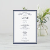 Elegante Navy Blue Crest Botanische Monogram Huwel Menu (Staand voorkant)