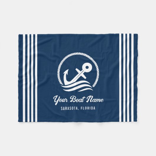 Elegante Navy Blue Custom Boat Naam Anker Fleece Deken (Voorkant (Horizontaal))