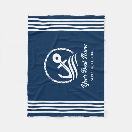 Elegante Navy Blue Custom Boat Naam Anker Fleece Deken (Voorkant)