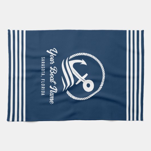 Elegante Navy Blue Custom Boat Naam Anker Theedoek (Horizontaal)