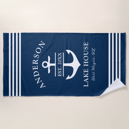 Elegante Navy Blue Custom Family Lake House Strandlaken (Voorkant)