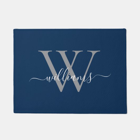 Elegante Navy Blue Custom Monogram Script Naam Deurmat (Voorkant)