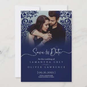 Elegante Navy Blue Damask Save the Date Photo Card Bedankkaart