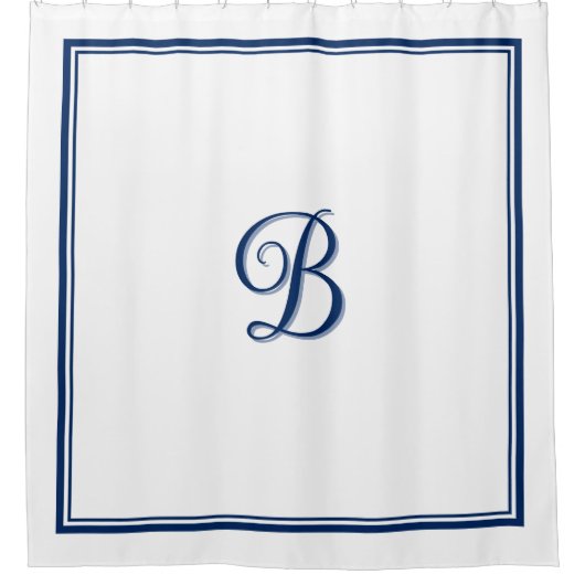 Elegante Navy Blue Double Border Script Monogram Douchegordijn (Voorkant)