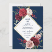 Elegante Navy Blue en Bourgondische Floral Waterve Save The Date (Voorkant)