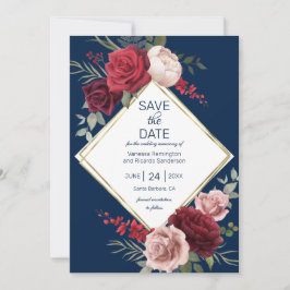Elegante Navy Blue en Bourgondische Floral Waterve Save The Date