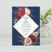 Elegante Navy Blue en Bourgondische Floral Waterve Save The Date (Staand voorkant)