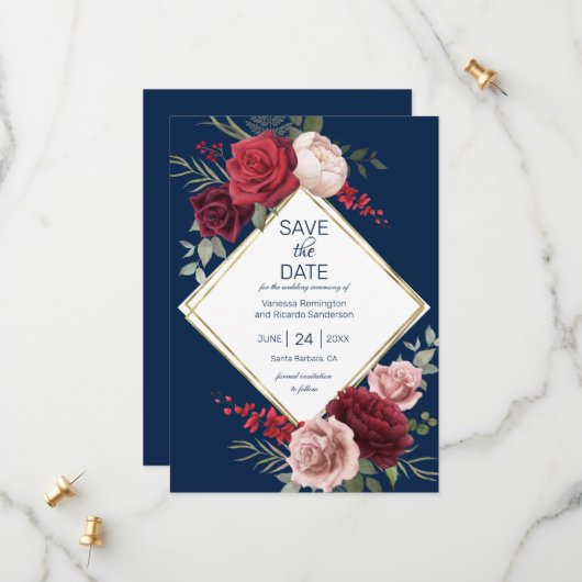 Elegante Navy Blue en Bourgondische Floral Waterve Save The Date (Voorkant / Achterkant in situ)