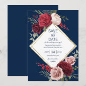Elegante Navy Blue en Bourgondische Floral Waterve Save The Date (Voorkant / Achterkant)