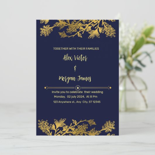 Elegante Navy Blue en Gold bruiloft uitnodiging (Staand voorkant)