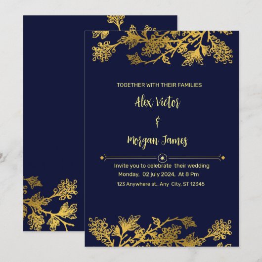 Elegante Navy Blue en Gold bruiloft uitnodiging (Voorkant / Achterkant)