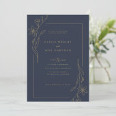 Elegante Navy Blue en Gold Floral Lijst bruiloft Kaart (Staand voorkant)