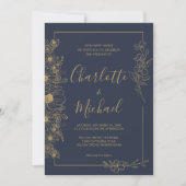 Elegante Navy Blue en Gold Floral Lijst bruiloft Kaart (Voorkant)