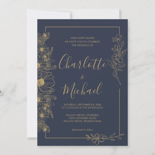 Elegante Navy Blue en Gold Floral Lijst bruiloft Kaart (Voorkant)