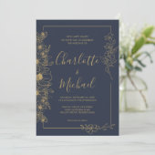 Elegante Navy Blue en Gold Floral Lijst bruiloft Kaart (Staand voorkant)