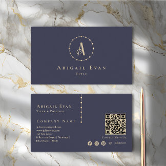 Elegante Navy Blue en Gold Glitter Monogram Visitekaartje