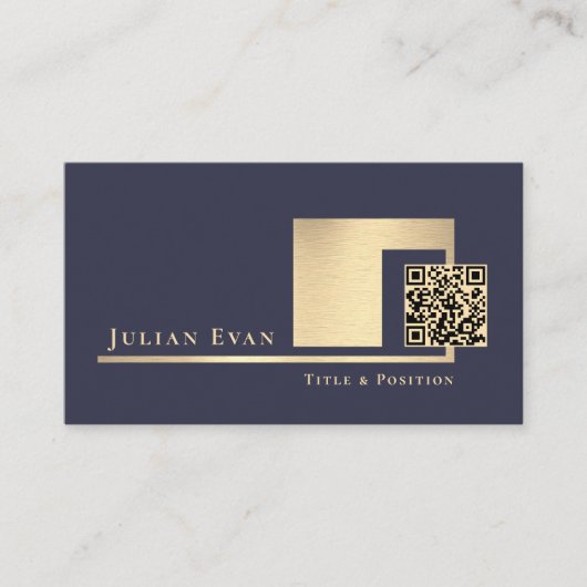 Elegante Navy Blue en Gold Shiny Scannable QR-code Visitekaartje (Voorkant)